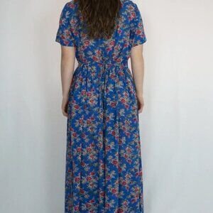 Vintage Marks & Spencer' floral blue maxi dress, v-neck with buttons and waistie